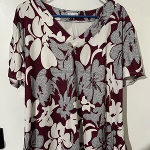 Floral V-Neck Women Top - Burgundy and White